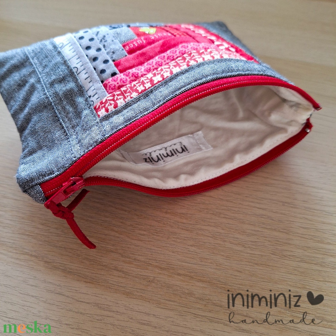 Patchwork neszesszer, cipzáros tok, tartó - Piros-szürke log cabin - táska & tok - neszesszer - Meska.hu