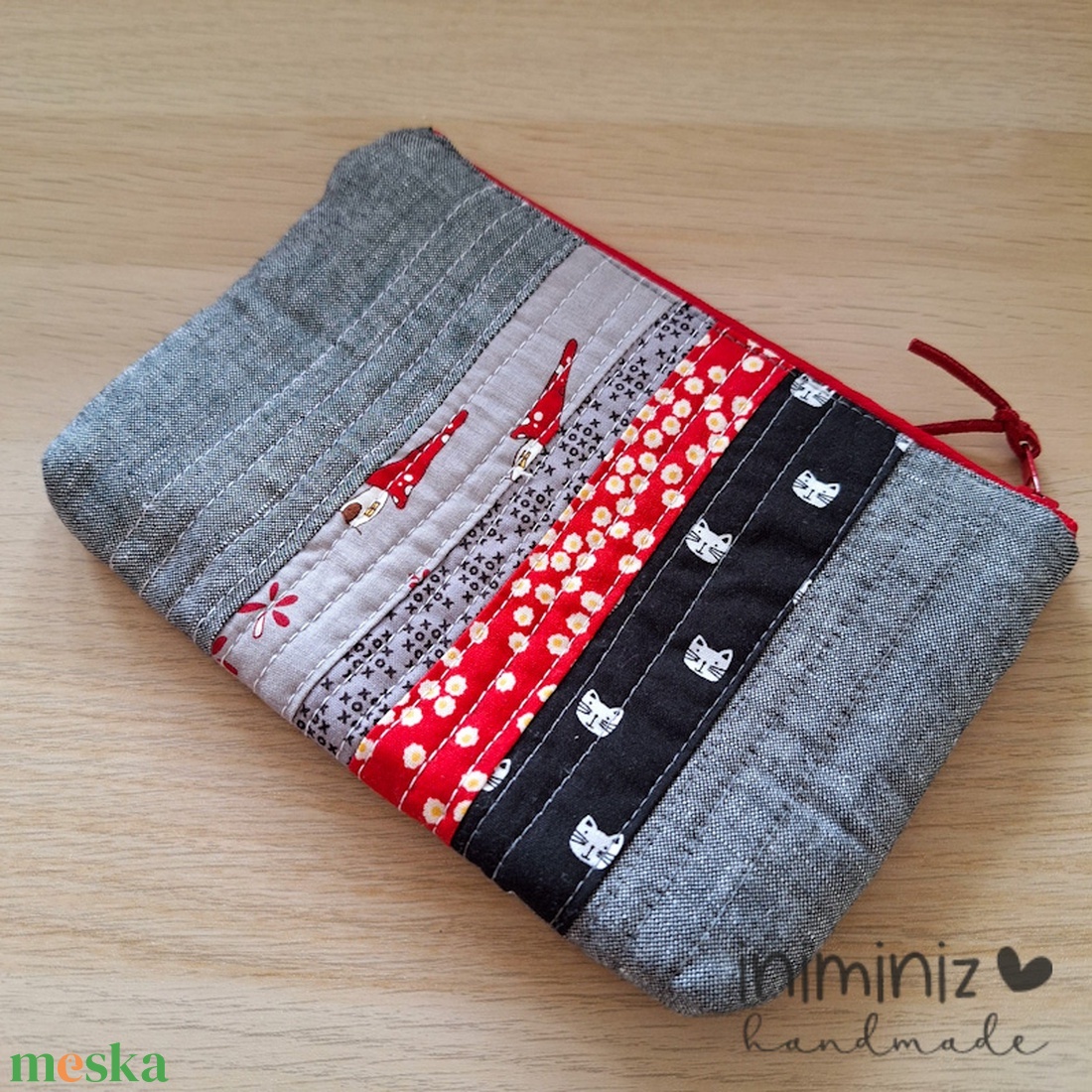 Patchwork neszesszer, cipzáros tok, tartó - Piros-szürke log cabin - táska & tok - neszesszer - Meska.hu