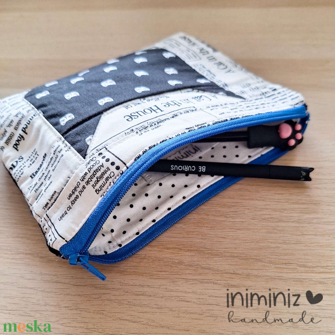 Patchwork neszesszer, cipzáros tok, tartó - Fekete-fehér cicás - táska & tok - neszesszer - Meska.hu