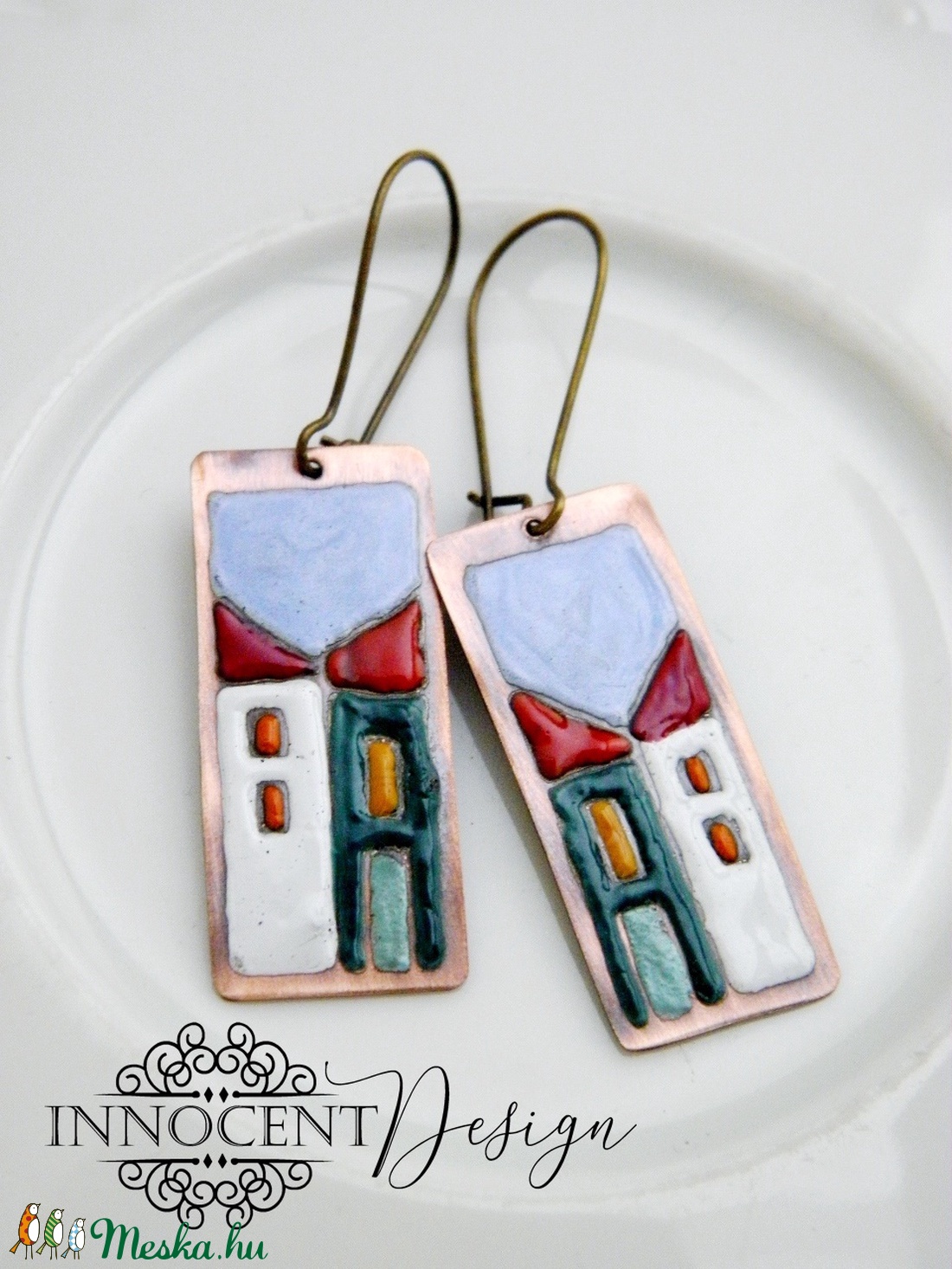 Hundertwasser - színes házikó - tűzzománc fülbevaló  - ékszer - fülbevaló - lógó fülbevaló - Meska.hu