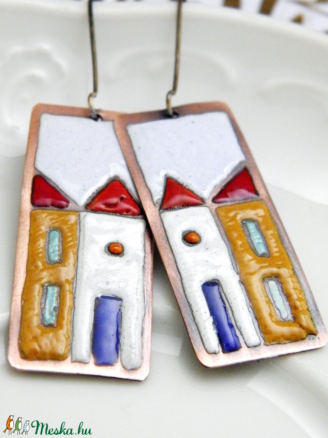 Hundertwasser - színes házikó - tűzzománc fülbevaló  - ékszer - fülbevaló - lógó fülbevaló - Meska.hu