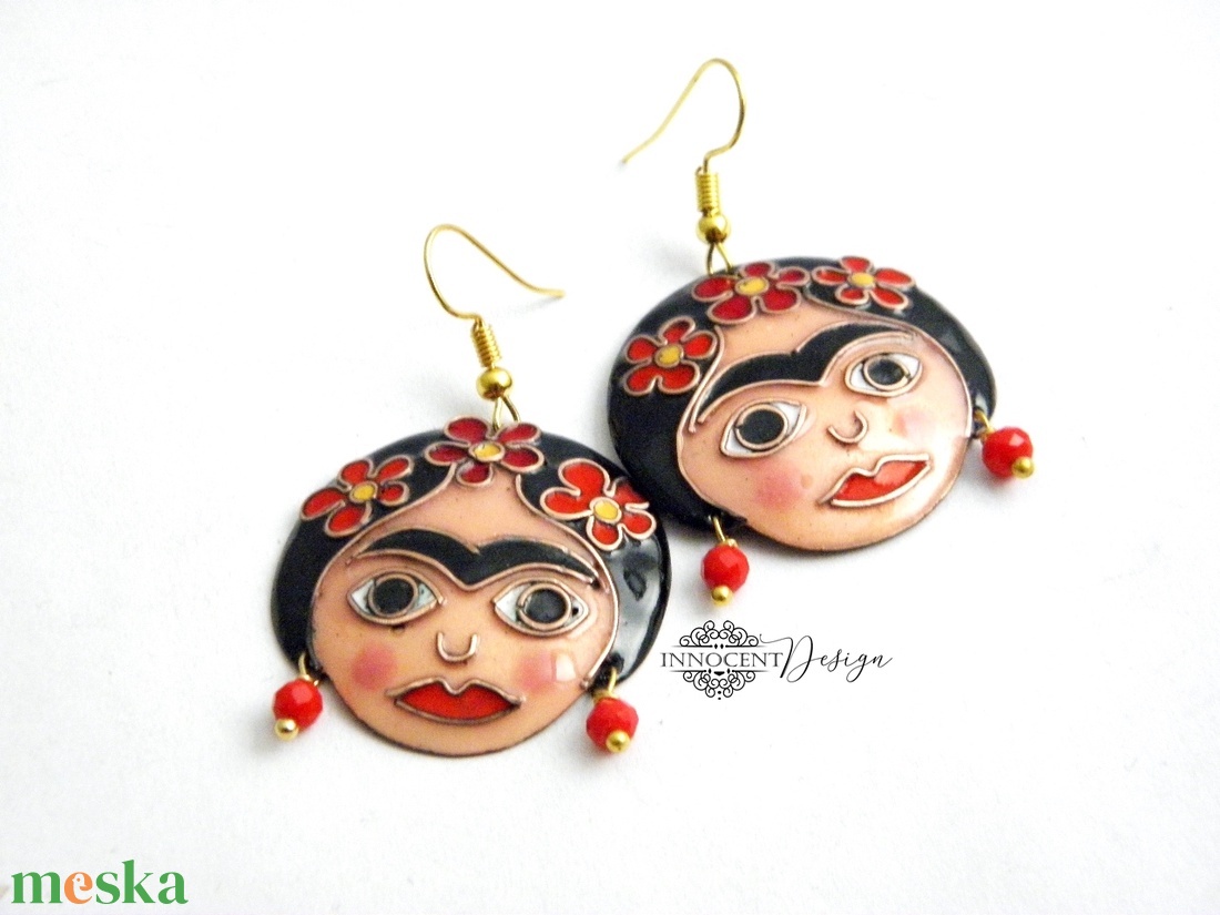 Frida - tűzzománc fülbevaló - ékszer - fülbevaló - lógós kerek fülbevaló - Meska.hu Frida - tűzzománc fülbevaló - ékszer - fülbevaló - lógós kerek fülbevaló - Meska.hu