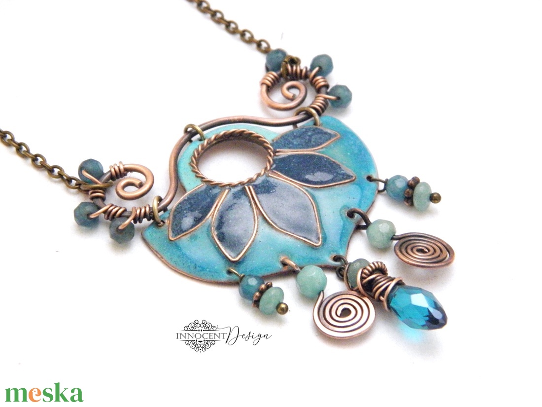 Büvellő - tűzzománc nyakék türkiz  - ékszer - nyaklánc - medálos nyaklánc - Meska.hu