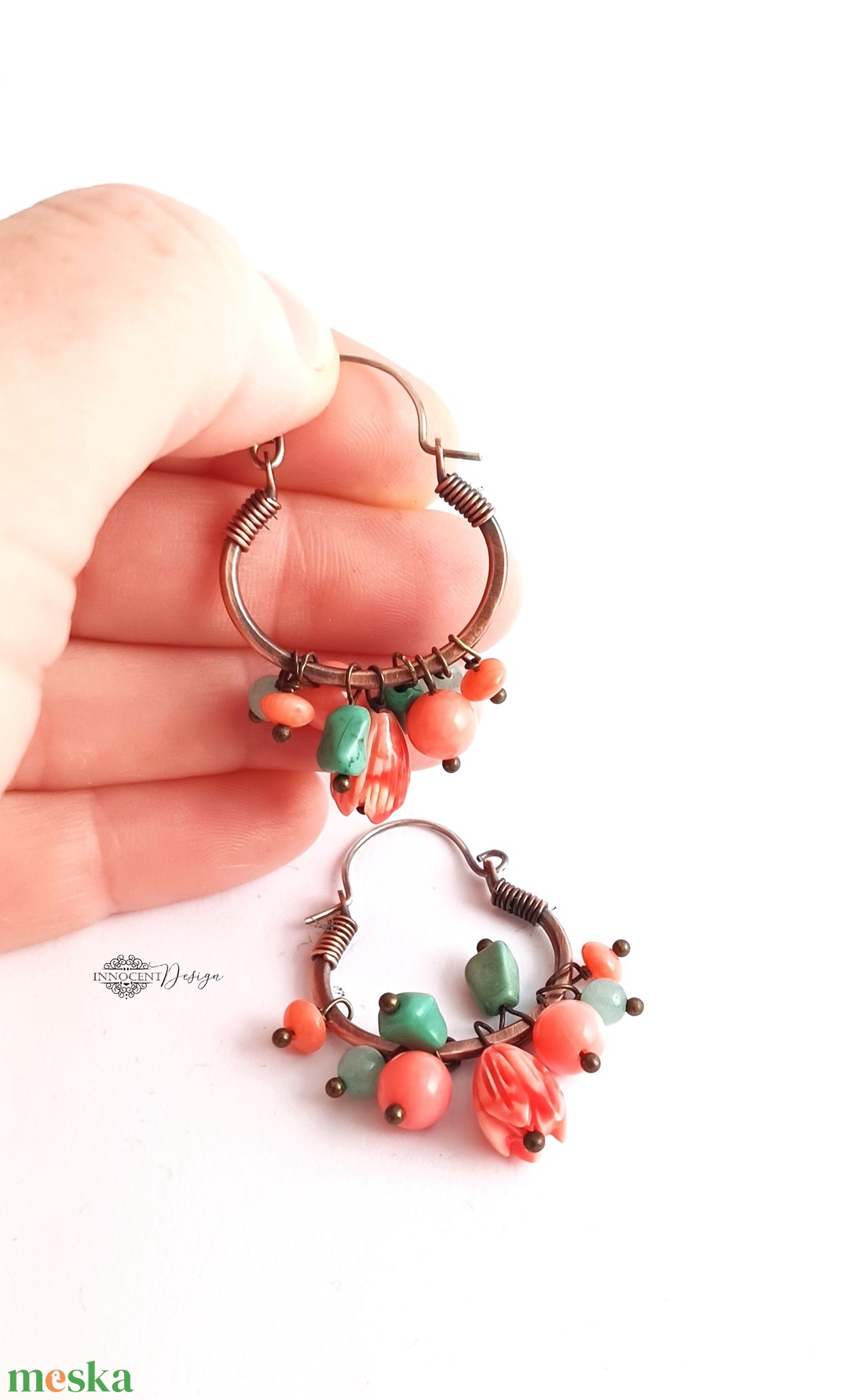 Korallbogyó - réz fülbevaló ásványkövekkel - ékszer - fülbevaló - karika fülbevaló - Meska.hu