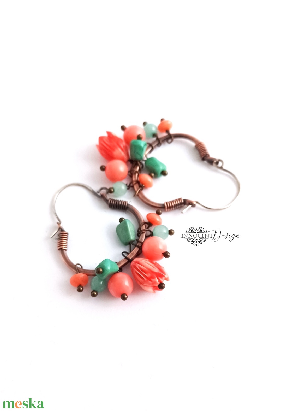 Korallbogyó - réz fülbevaló ásványkövekkel - ékszer - fülbevaló - karika fülbevaló - Meska.hu