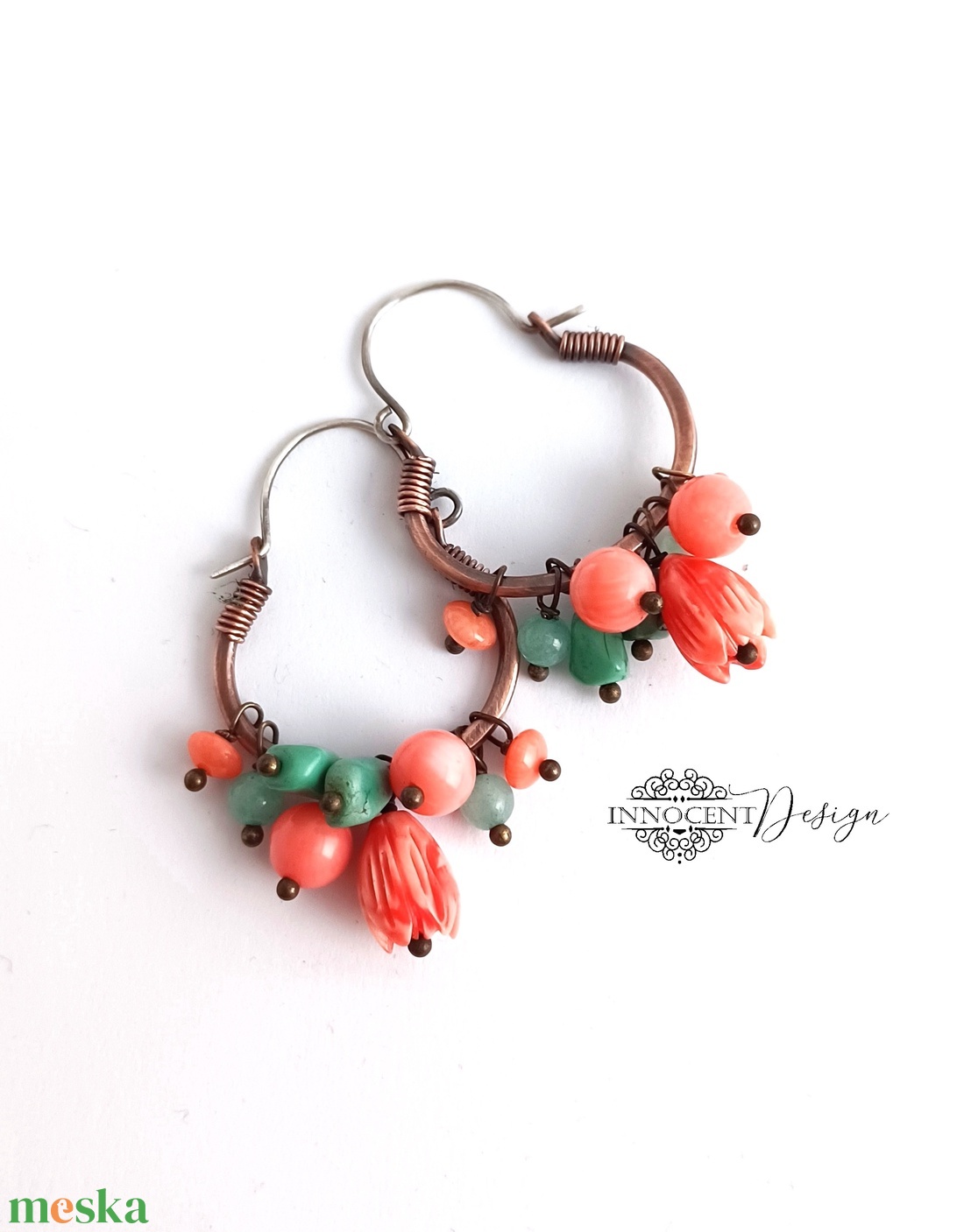 Korallbogyó - réz fülbevaló ásványkövekkel - ékszer - fülbevaló - karika fülbevaló - Meska.hu