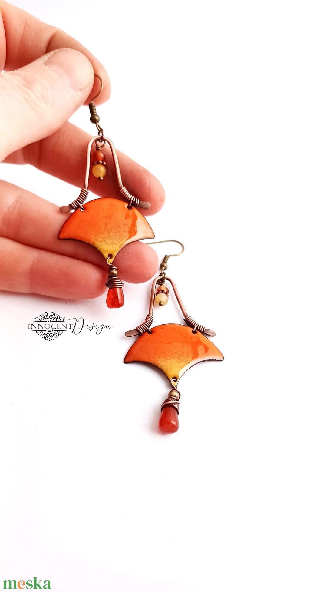 Szemira - tűzzománc-réz fülbevaló - narancssárga - ékszer - fülbevaló - lógó fülbevaló - Meska.hu