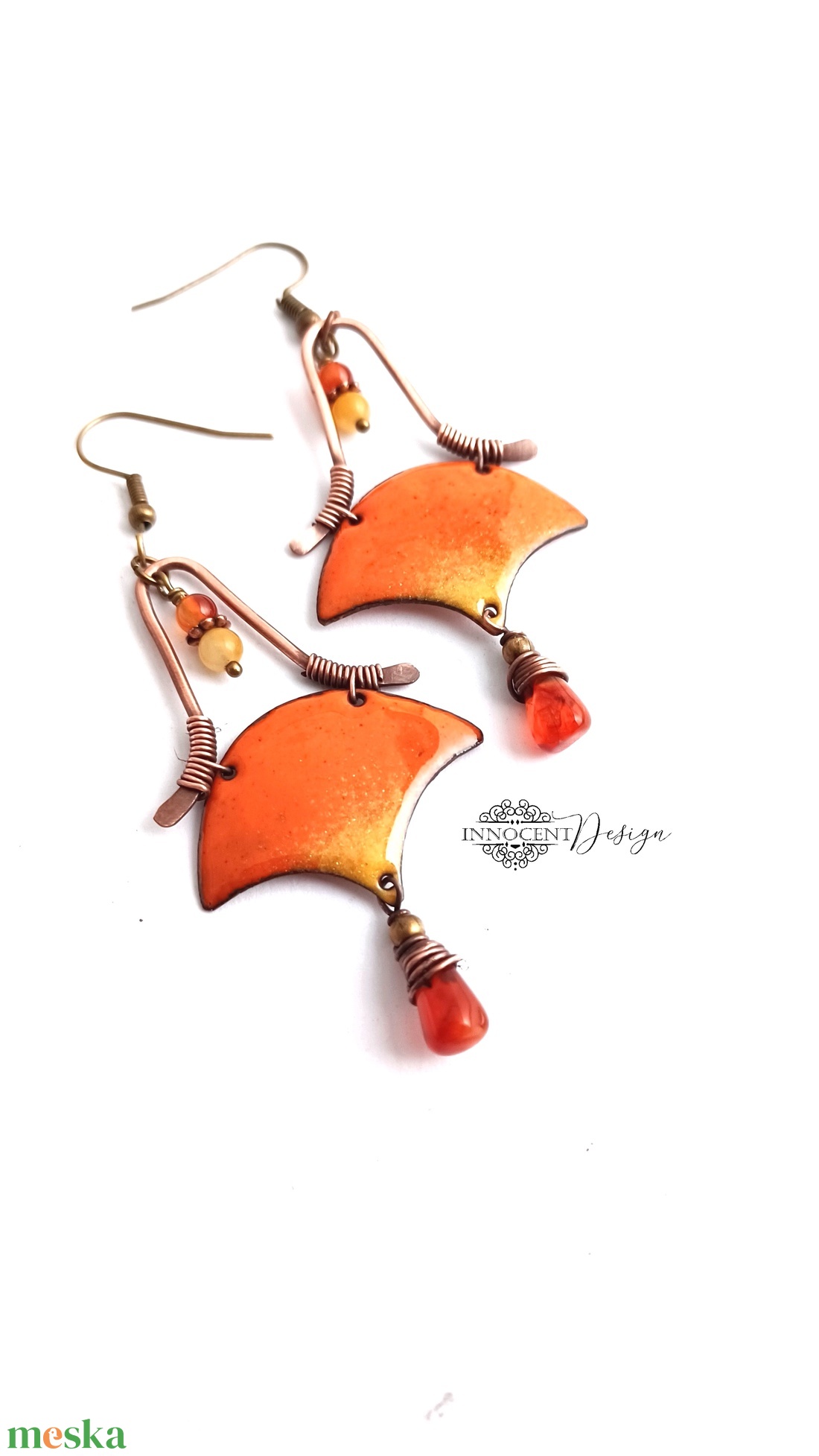 Szemira - tűzzománc-réz fülbevaló - narancssárga - ékszer - fülbevaló - lógó fülbevaló - Meska.hu