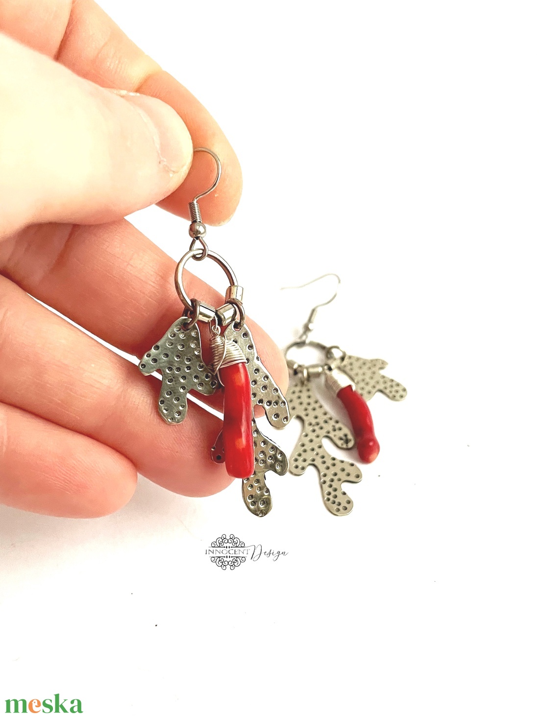 Fine nature - Korall - alpakka fülbevaló  - ékszer - fülbevaló - lógó fülbevaló - Meska.hu