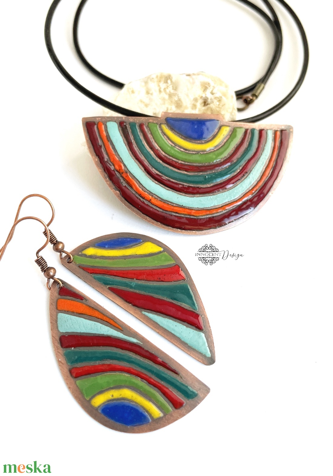 Hundertwasser - színes város - tűzzománc nyaklánc és fülbevaló szett- csíkos - ékszer - ékszerszett - Meska.hu