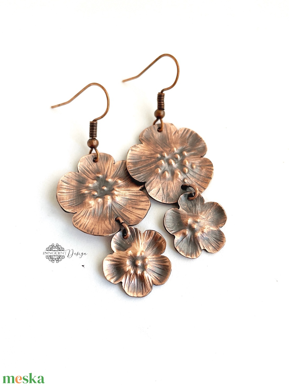 Gyöngy+virág - kovácsolt vörösréz fülbevaló - dupla  - ékszer - fülbevaló - lógó fülbevaló - Meska.hu