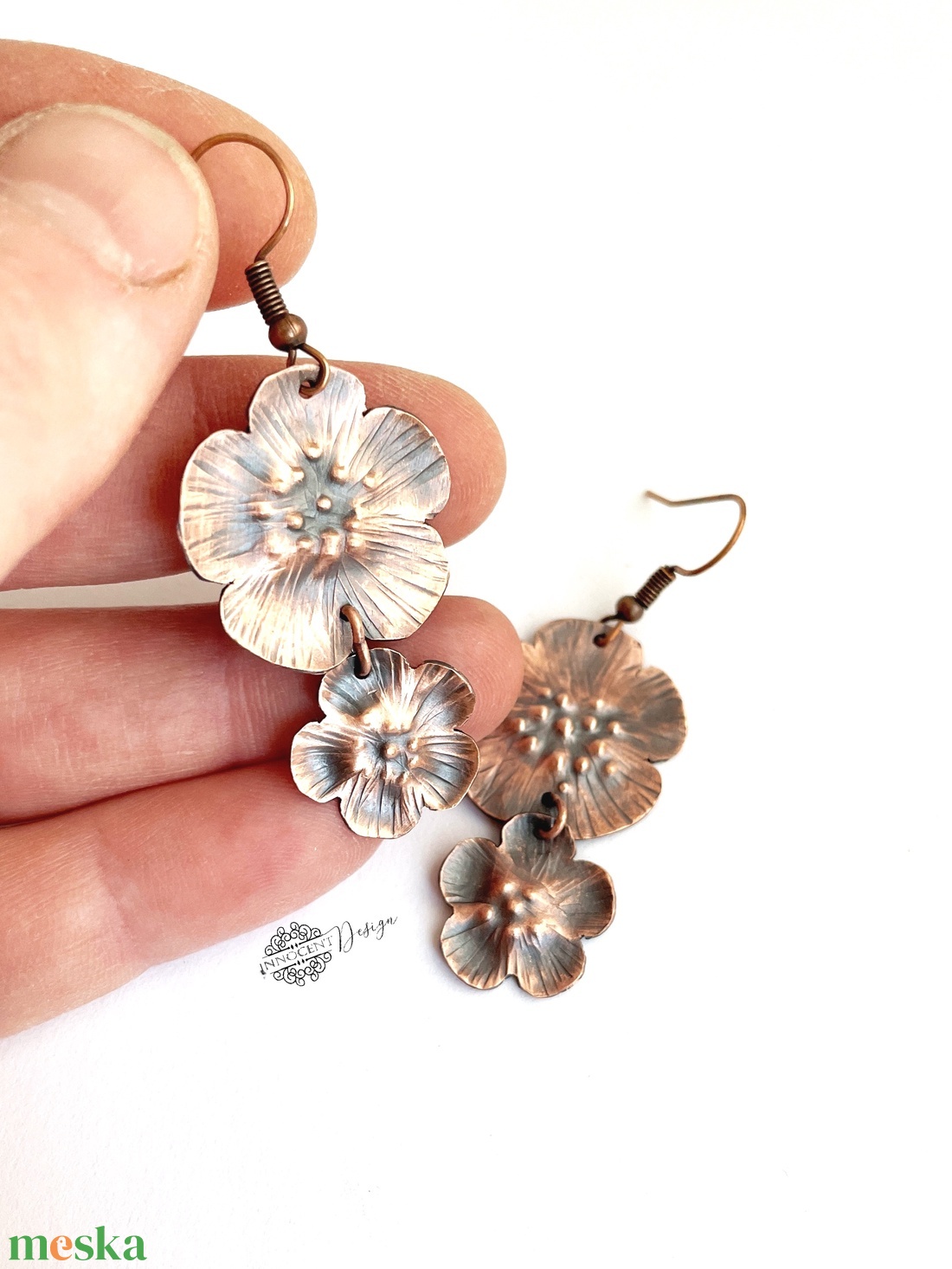 Gyöngy+virág - kovácsolt vörösréz fülbevaló - dupla  - ékszer - fülbevaló - lógó fülbevaló - Meska.hu