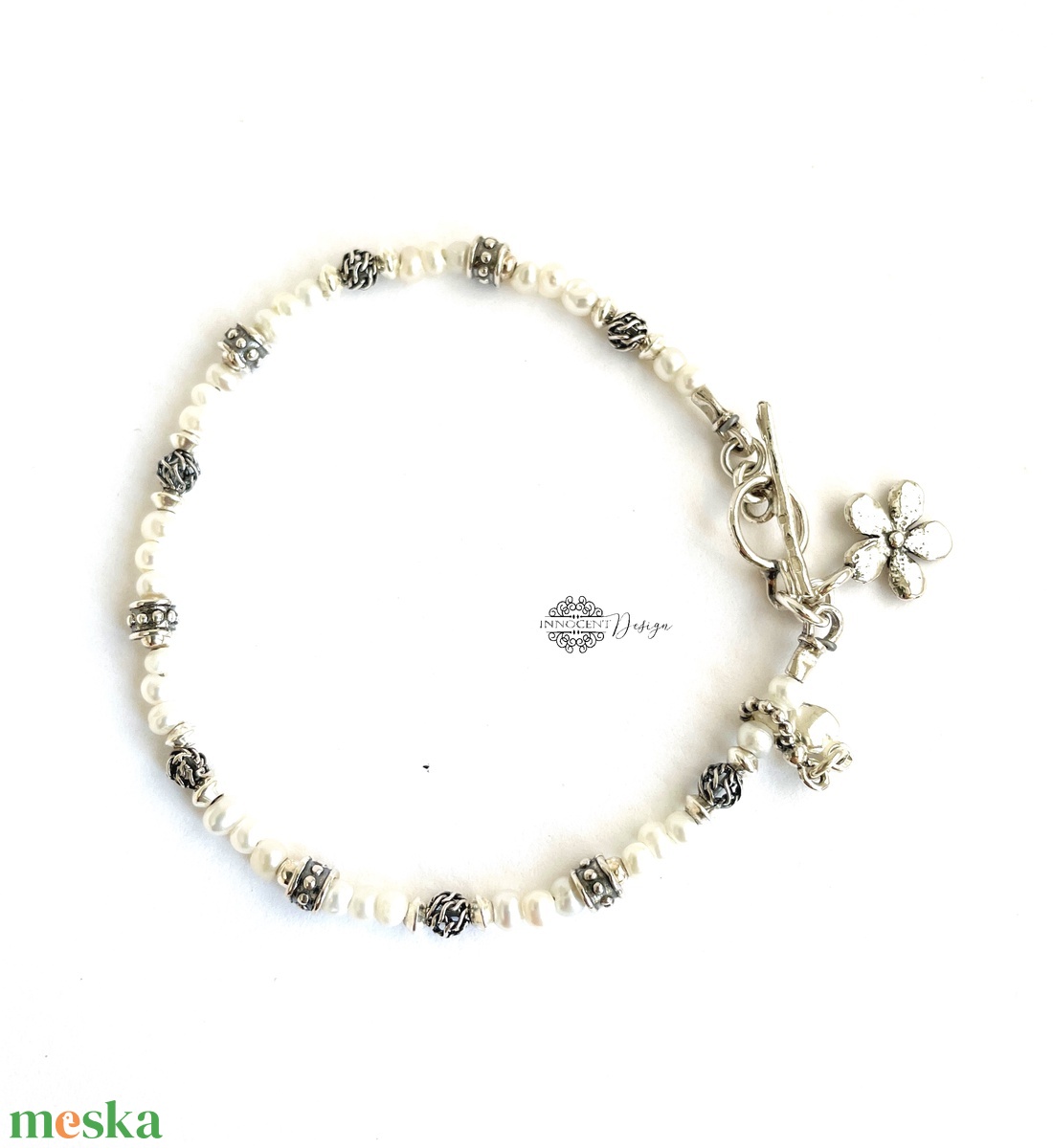 Ezüst karkötő tenyésztett gyönggyel  - ékszer - karkötő - gyöngyös karkötő - Meska.hu