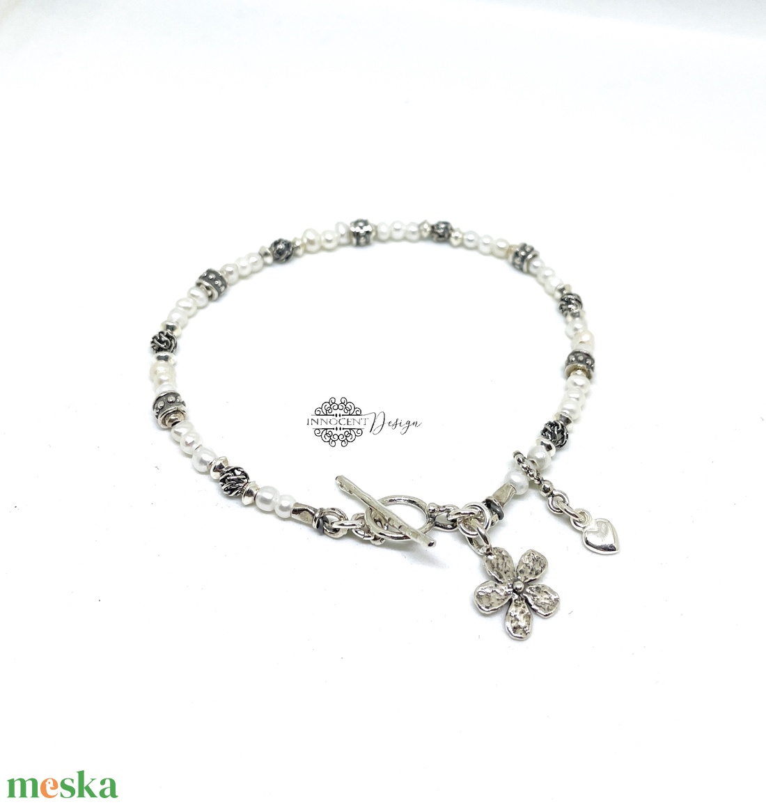 Ezüst karkötő tenyésztett gyönggyel  - ékszer - karkötő - gyöngyös karkötő - Meska.hu