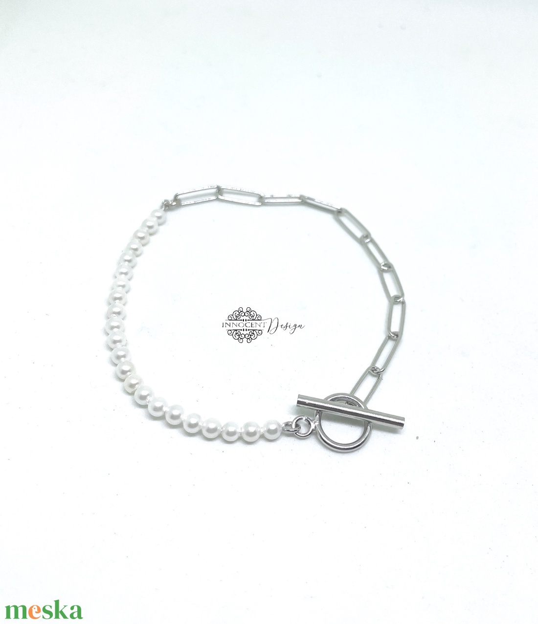 Ezüst paperclip karkötő tenyésztett gyönggyel  - ékszer - karkötő - gyöngyös karkötő - Meska.hu