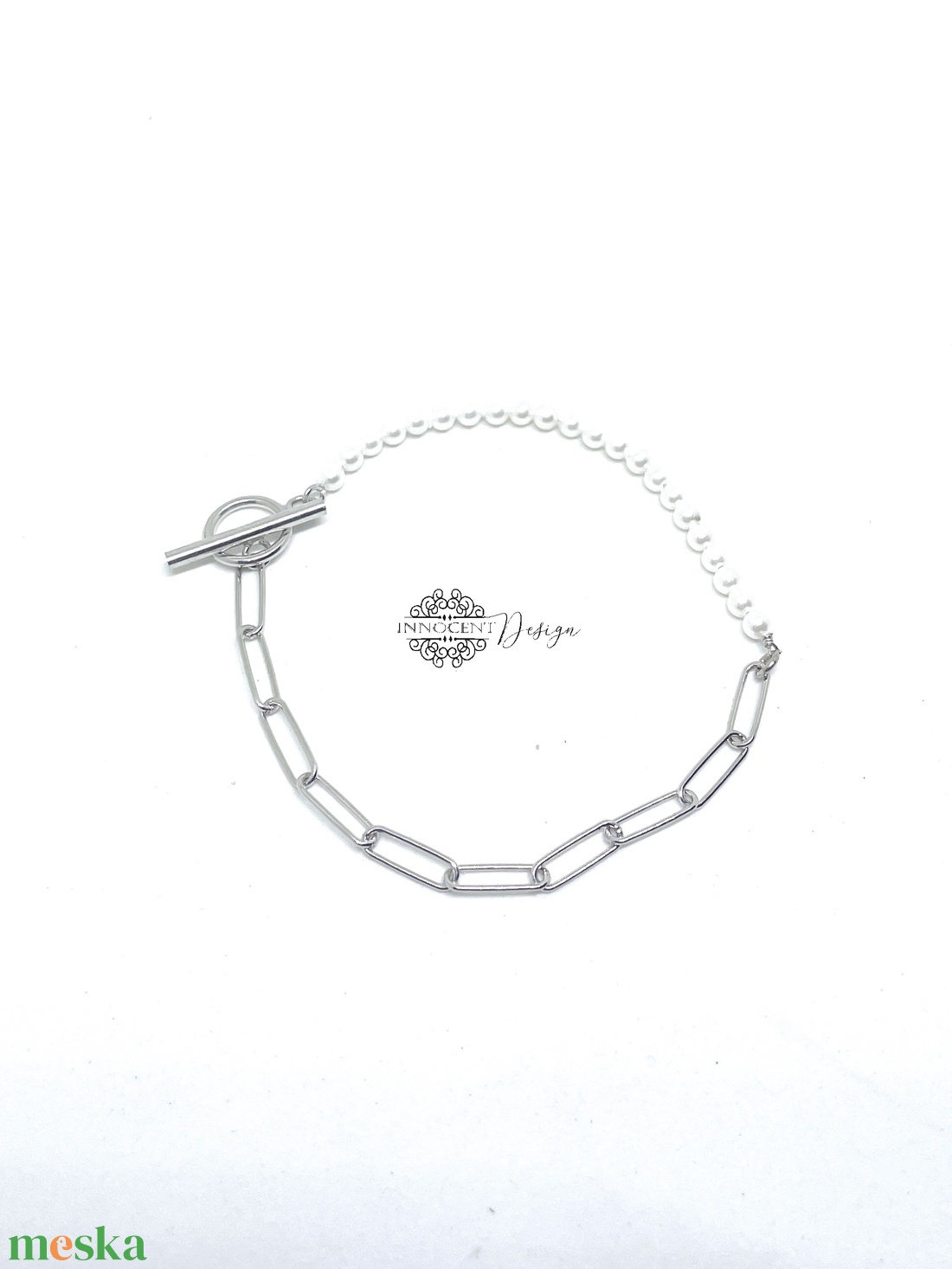 Ezüst paperclip karkötő tenyésztett gyönggyel  - ékszer - karkötő - gyöngyös karkötő - Meska.hu