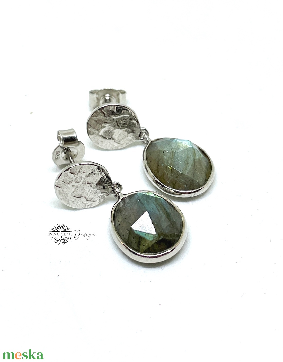 Ezüst fülbevaló labradorittal - ékszer - fülbevaló - lógó csepp fülbevaló - Meska.hu