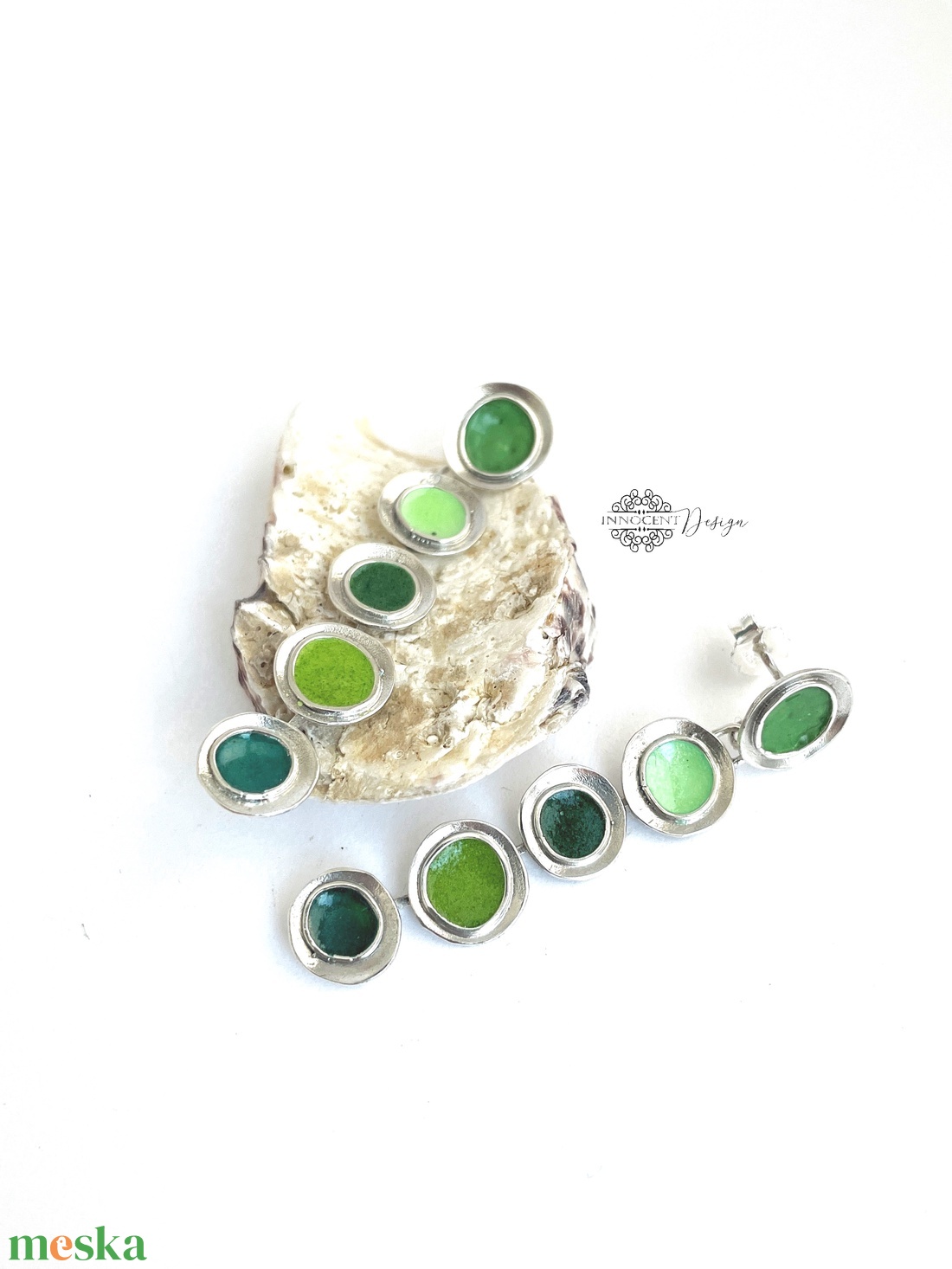 Gaudi - ezüst fülbevaló tűzzománccal - zöld - ékszer - fülbevaló - lógó fülbevaló - Meska.hu