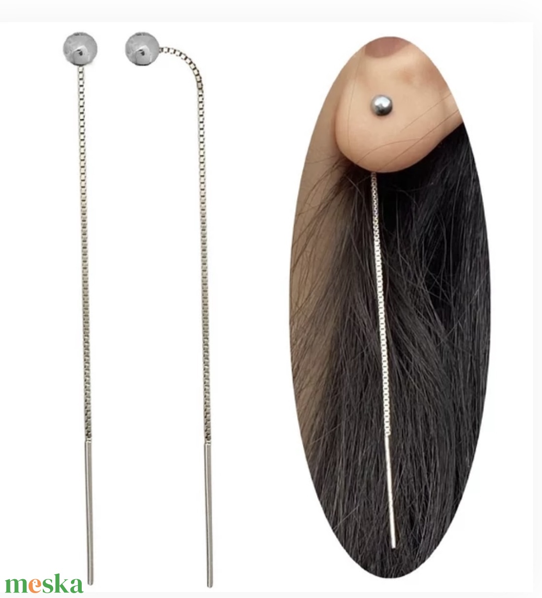 925 Ezüst hosszú bedugós fülbevaló golyóval láncon - ékszer - fülbevaló - lógó fülbevaló - Meska.hu