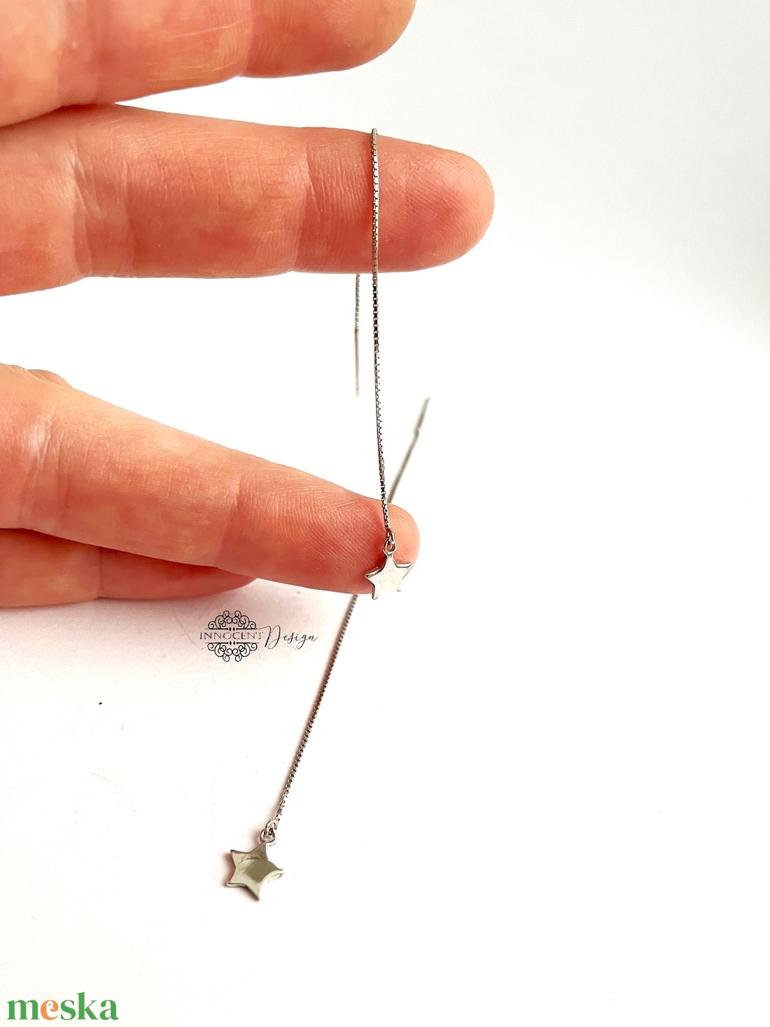 925 Ezüst hosszú bedugós fülbevaló csillaggal láncon - ékszer - fülbevaló - lógó fülbevaló - Meska.hu