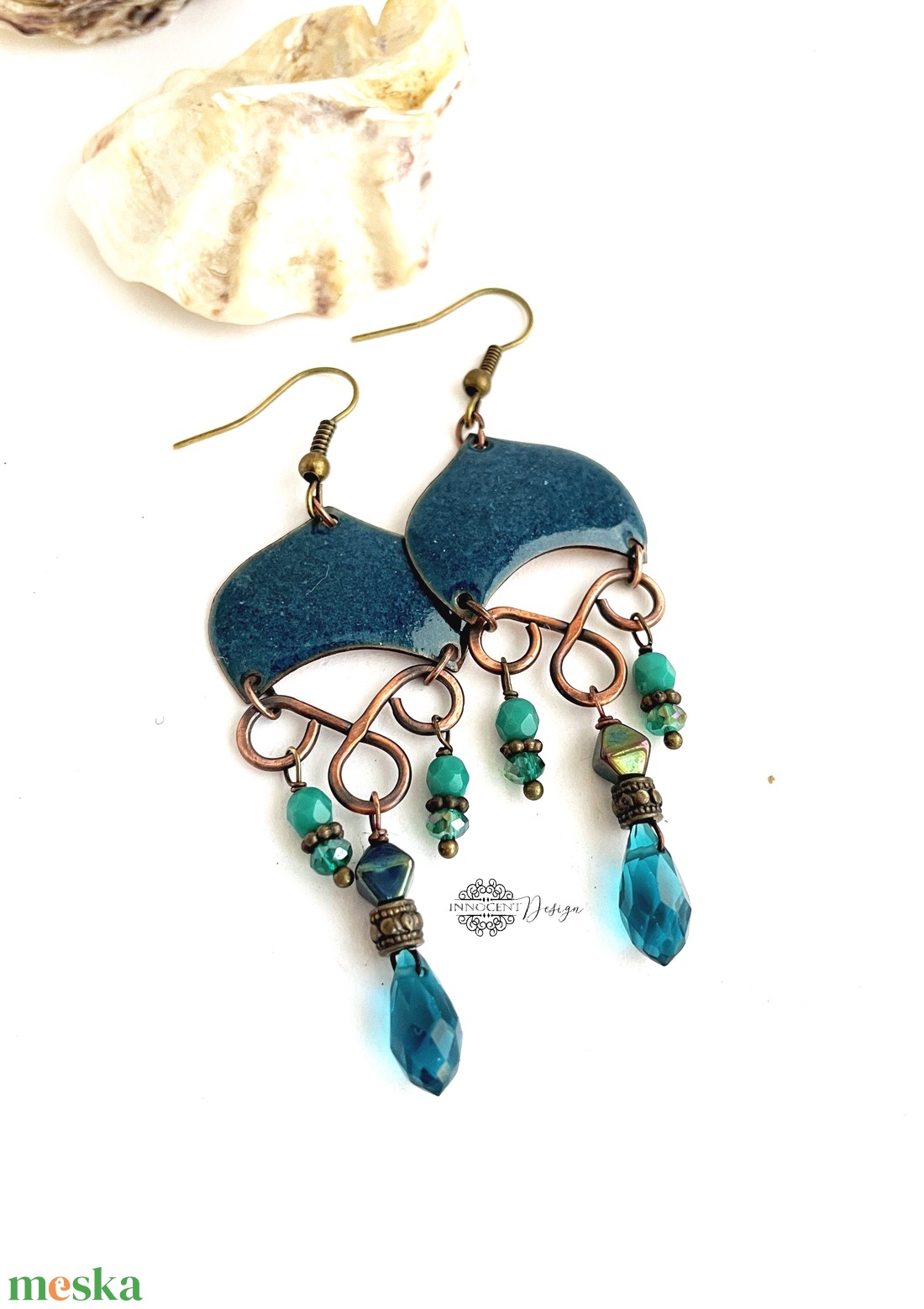 Medúza - tűzzománc fülbevaló (sötét türkiz/petrolkék) - ékszer - fülbevaló - lógó fülbevaló - Meska.hu