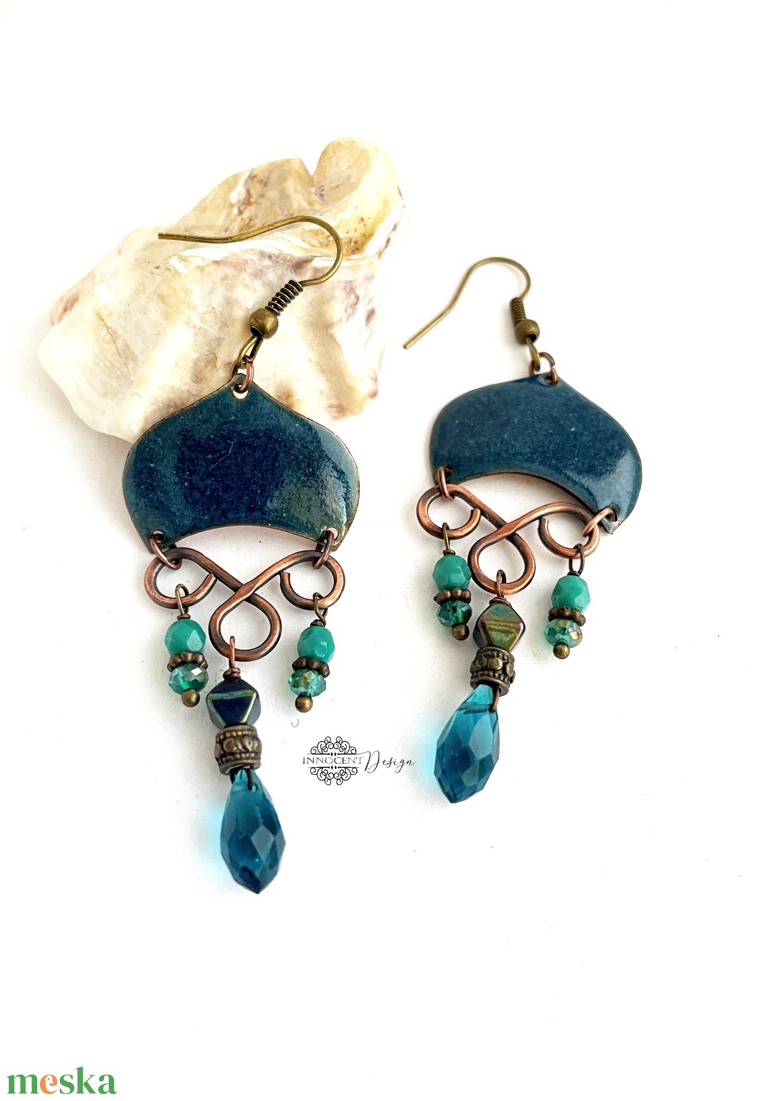 Medúza - tűzzománc fülbevaló (sötét türkiz/petrolkék) - ékszer - fülbevaló - lógó fülbevaló - Meska.hu