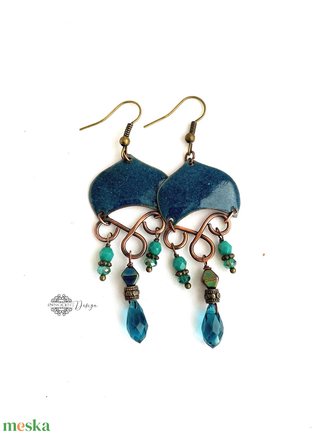 Medúza - tűzzománc fülbevaló (sötét türkiz/petrolkék) - ékszer - fülbevaló - lógó fülbevaló - Meska.hu