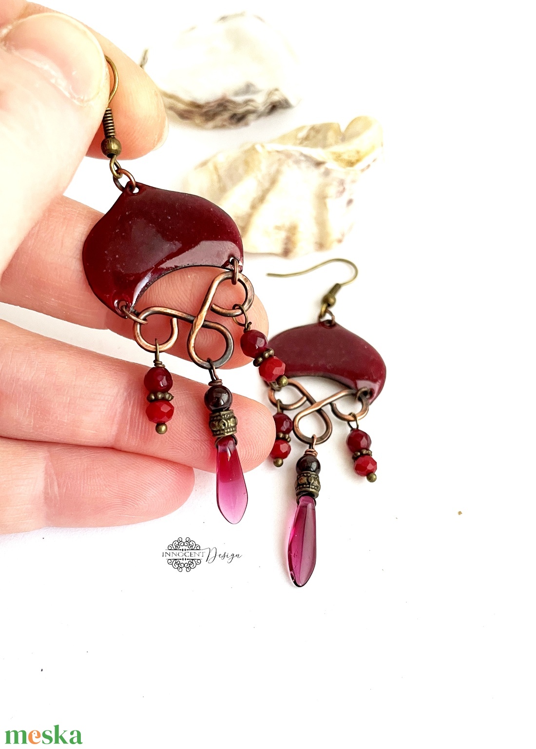 Medúza - tűzzománc fülbevaló (meggybordó) - ékszer - fülbevaló - lógó fülbevaló - Meska.hu