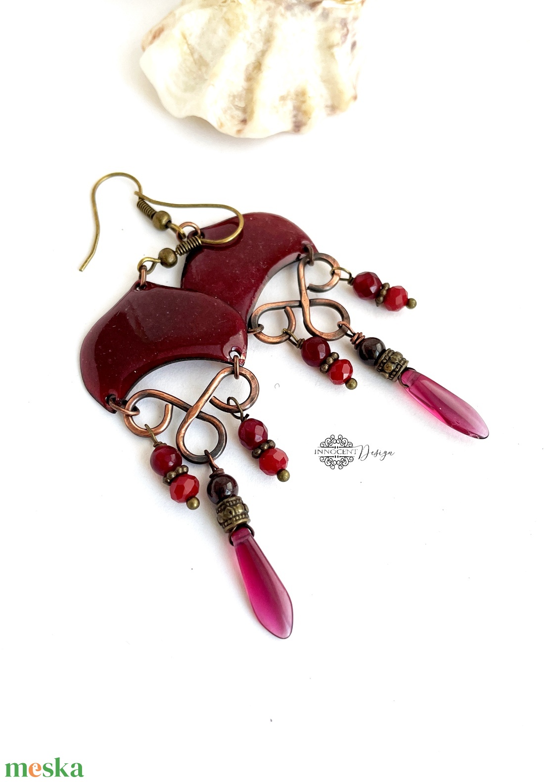 Medúza - tűzzománc fülbevaló (meggybordó) - ékszer - fülbevaló - lógó fülbevaló - Meska.hu