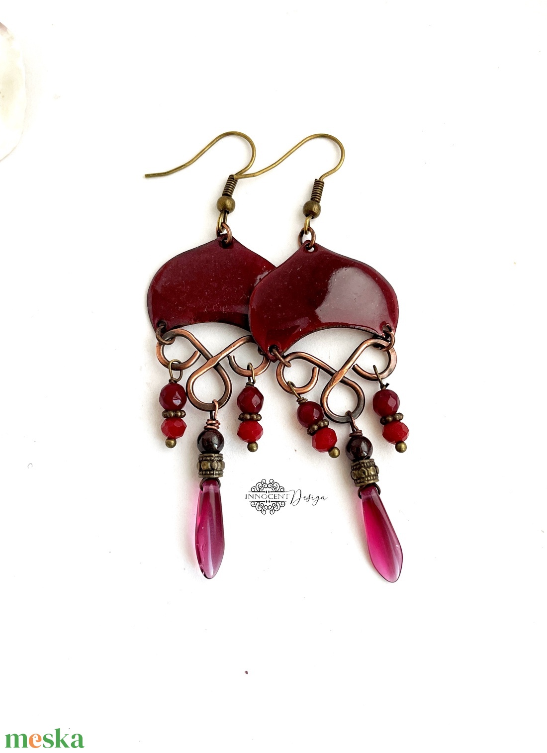 Medúza - tűzzománc fülbevaló (meggybordó) - ékszer - fülbevaló - lógó fülbevaló - Meska.hu