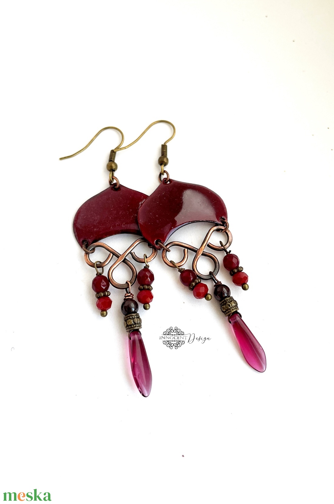 Medúza - tűzzománc fülbevaló (meggybordó) - ékszer - fülbevaló - lógó fülbevaló - Meska.hu