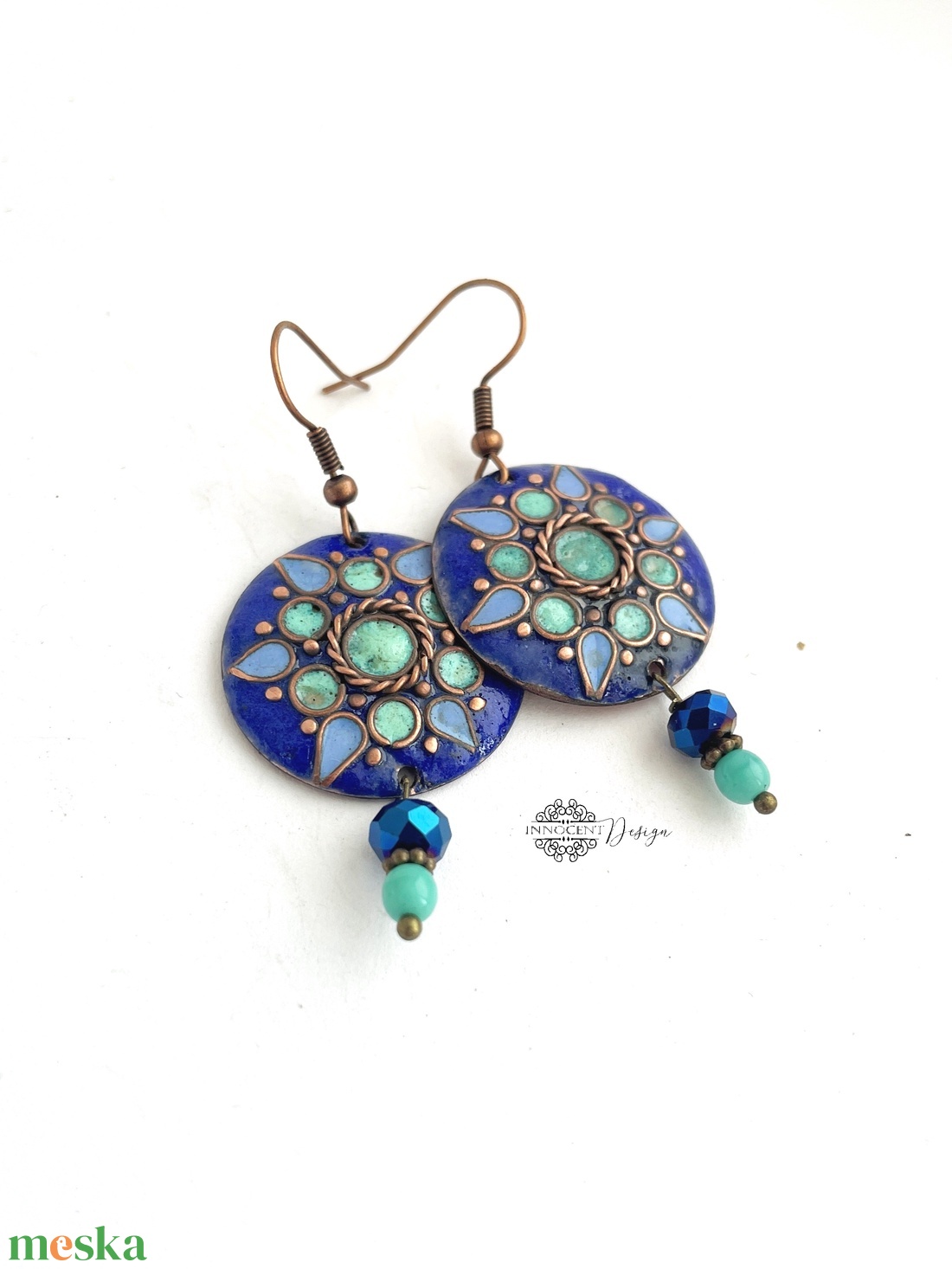 Mandala - tűzzománc fülbevaló (királykék) - ékszer - fülbevaló - lógós kerek fülbevaló - Meska.hu