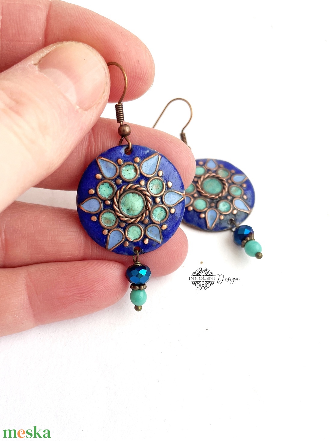 Mandala - tűzzománc fülbevaló (királykék) - ékszer - fülbevaló - lógós kerek fülbevaló - Meska.hu