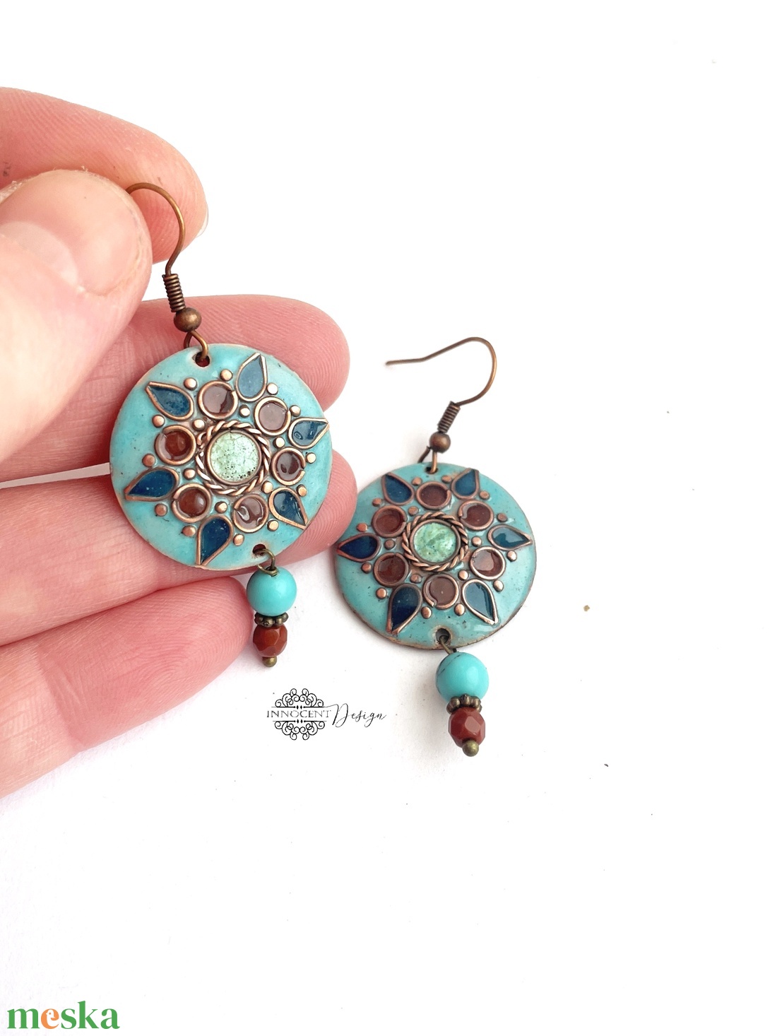 Mandala - tűzzománc fülbevaló (világos türkiz) - ékszer - fülbevaló - lógós kerek fülbevaló - Meska.hu