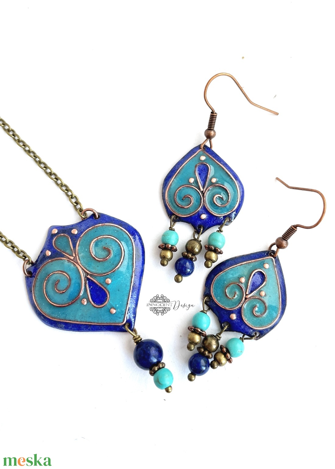 Szerelmes kék égbolt - tűzzománc-réz fülbevaló - türkiz-kék - ékszer - ékszerszett - Meska.hu