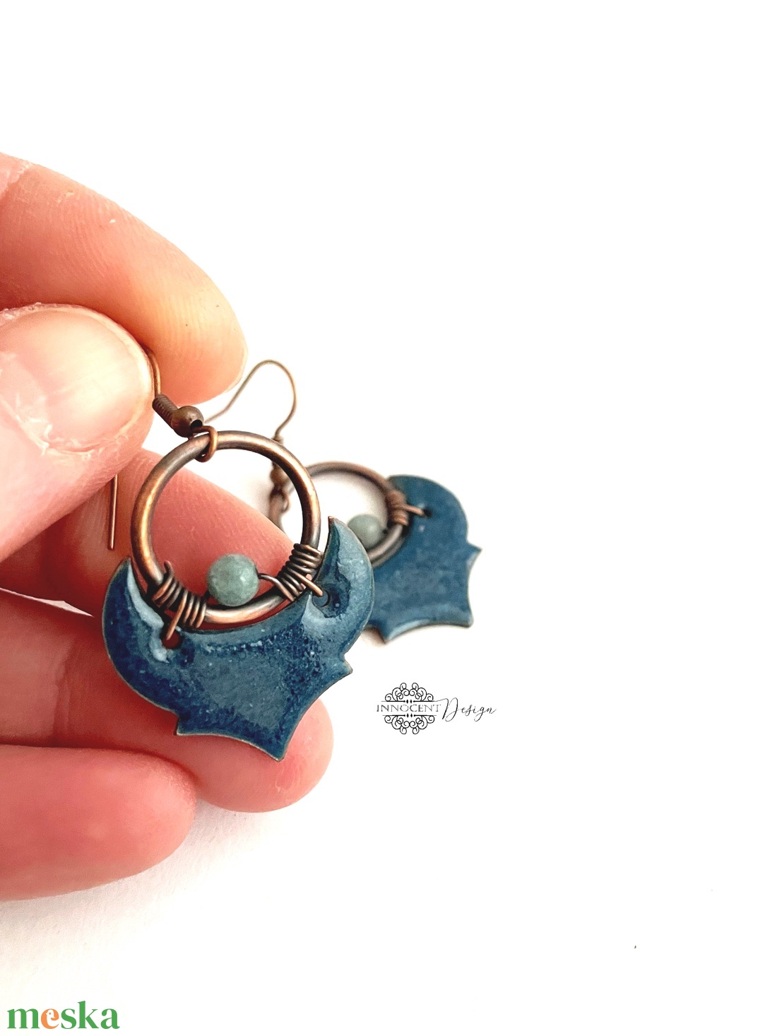 Dára - tűzzománc-réz fülbevaló - petrolkék - ékszer - fülbevaló - lógó fülbevaló - Meska.hu