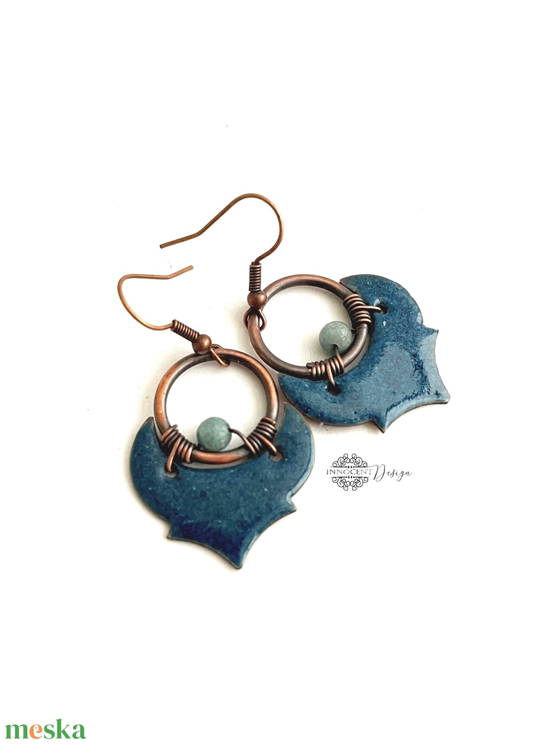 Dára - tűzzománc-réz fülbevaló - petrolkék - ékszer - fülbevaló - lógó fülbevaló - Meska.hu