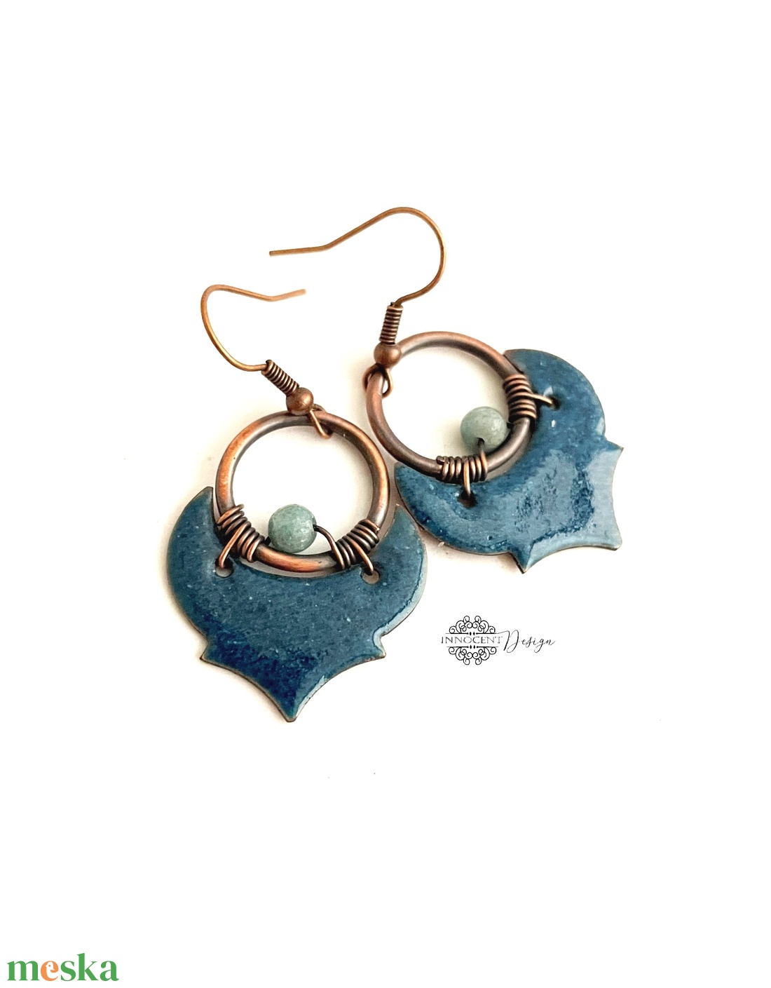 Dára - tűzzománc-réz fülbevaló - petrolkék - ékszer - fülbevaló - lógó fülbevaló - Meska.hu