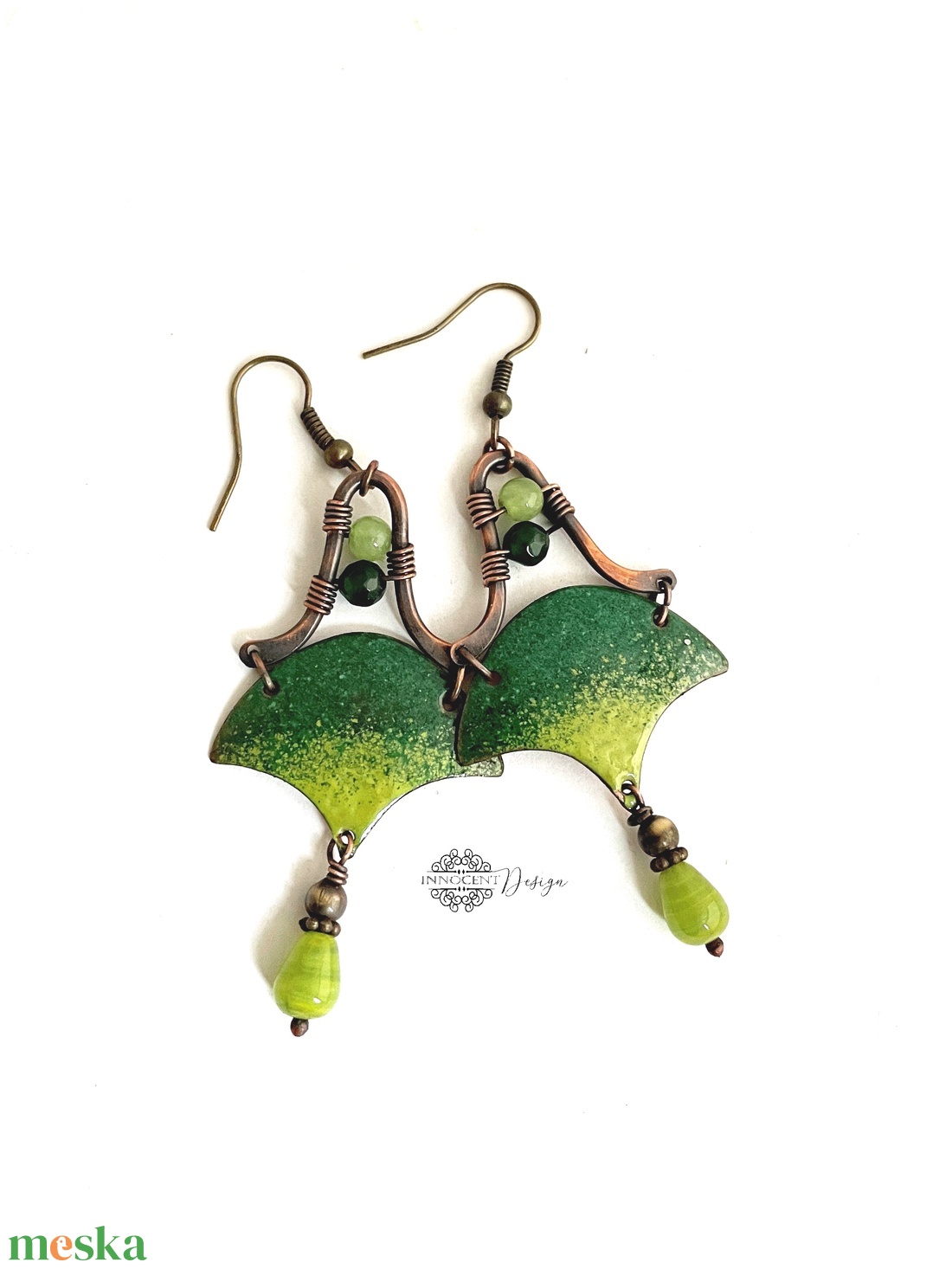 Szemira - tűzzománc-réz fülbevaló - zöld - ékszer - fülbevaló - lógó fülbevaló - Meska.hu