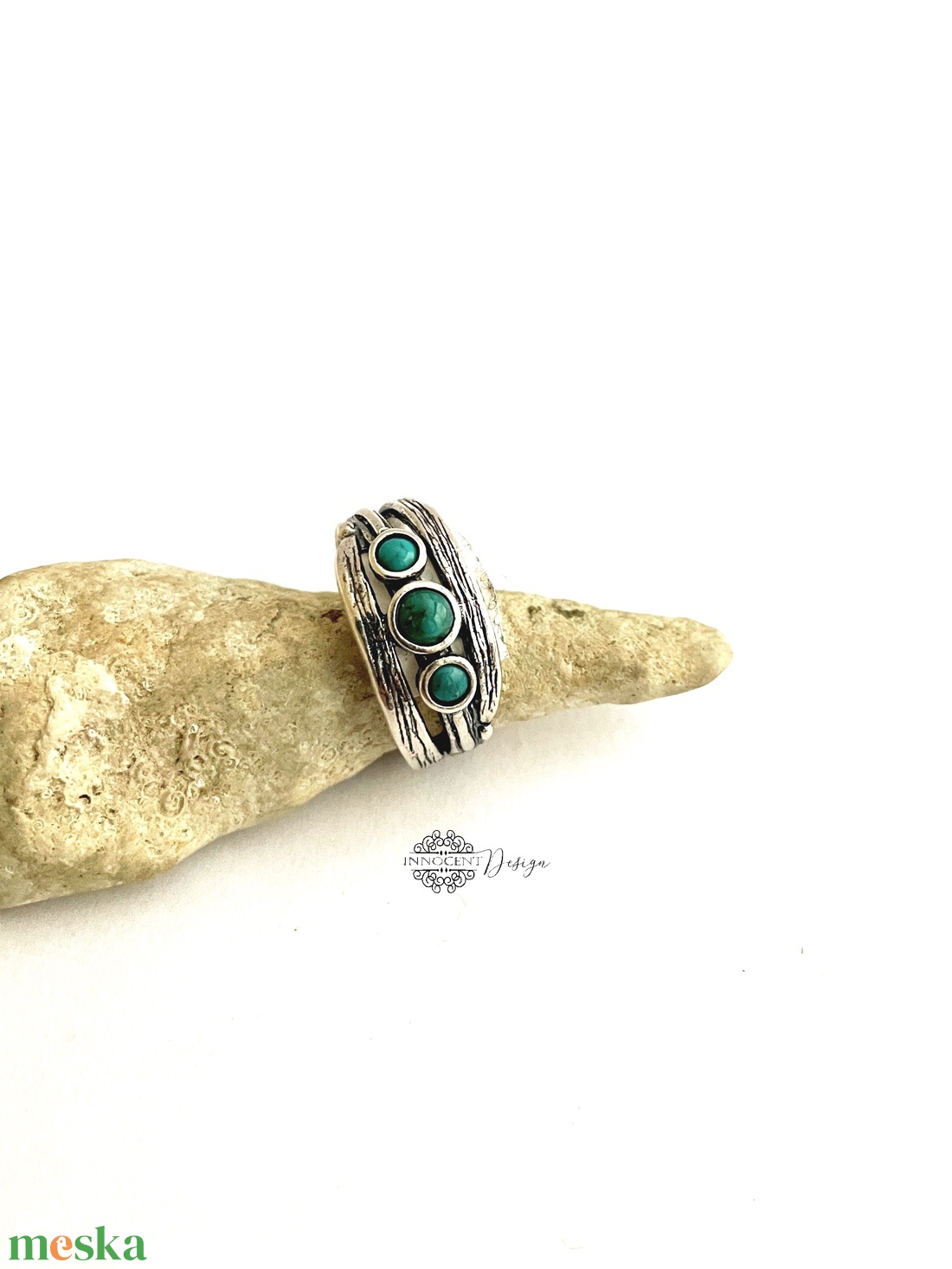 Ezüst gyűrű türkizzel � 57-es méret - ékszer - gyűrű - többköves gyűrű - Meska.hu