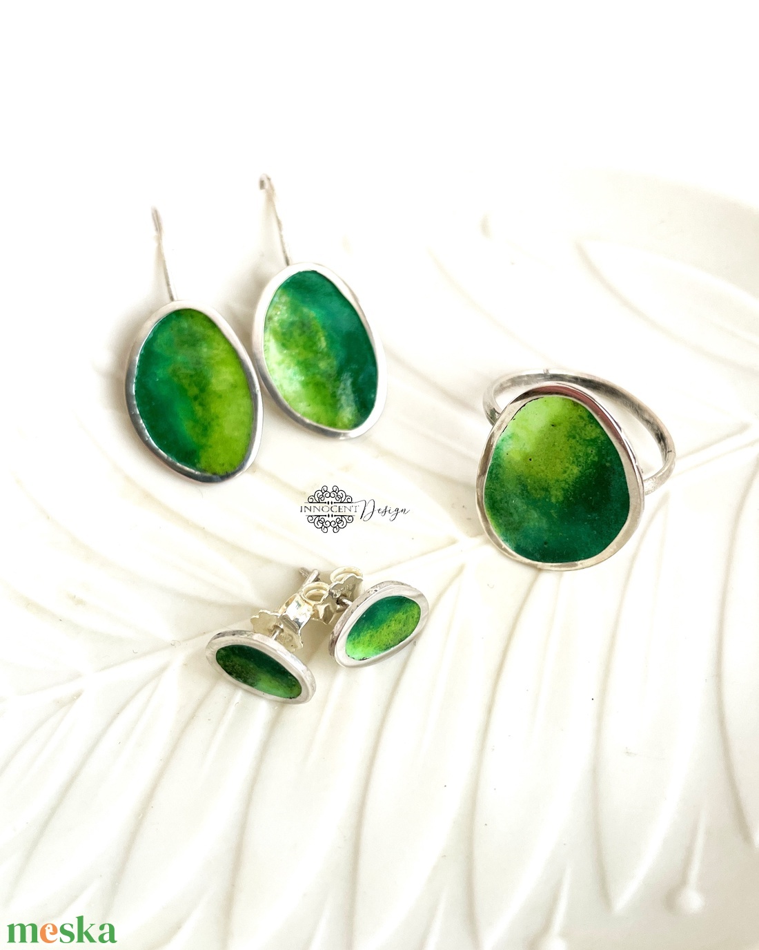 Grado -  ezüst fülbevaló tűzzománccal - zöld - ékszer - fülbevaló - lógó fülbevaló - Meska.hu