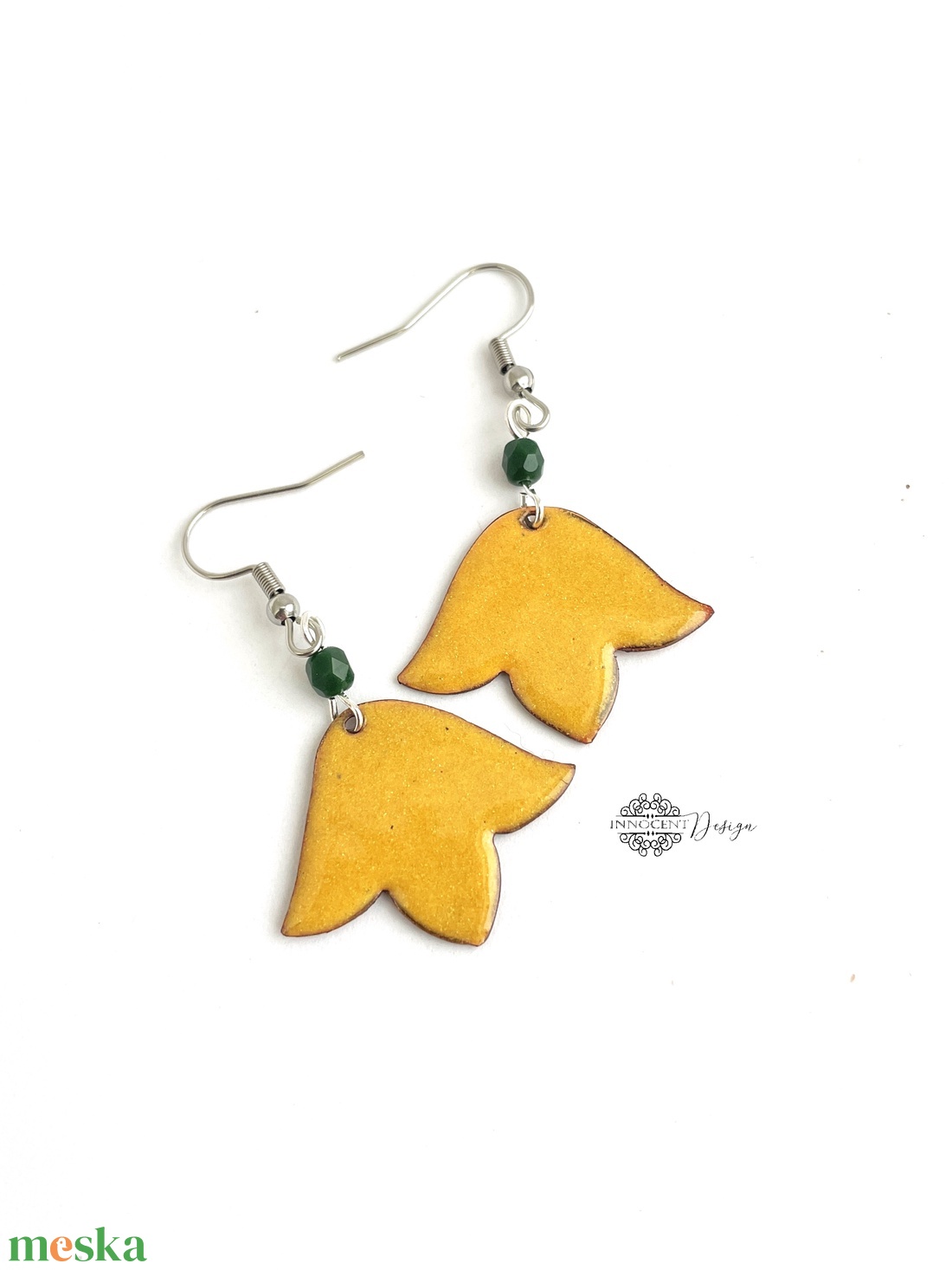 Sárga  tulipán - tűzzománc fülbevaló - ékszer - fülbevaló - lógó fülbevaló - Meska.hu