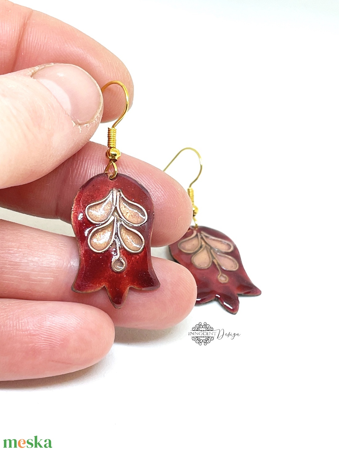 Tulipán - tűzzománc fülbevaló (bordó-rózsaszín) - ékszer - fülbevaló - lógó fülbevaló - Meska.hu