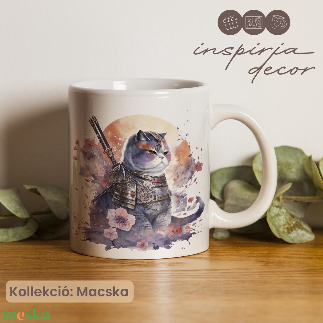 Egyedi szamuráj cicás kerámia bögre - otthon & életmód - konyhafelszerelés, tálalás - tálalás - bögre & csésze - Meska.hu