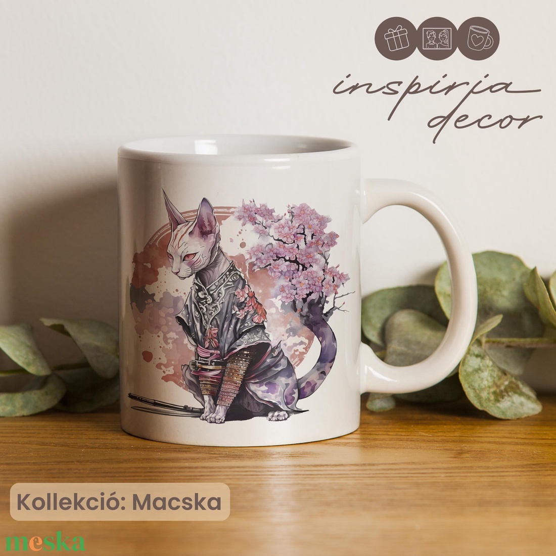 Egyedi szamuráj cicás kerámia bögre - otthon & életmód - konyhafelszerelés, tálalás - tálalás - bögre & csésze - Meska.hu
