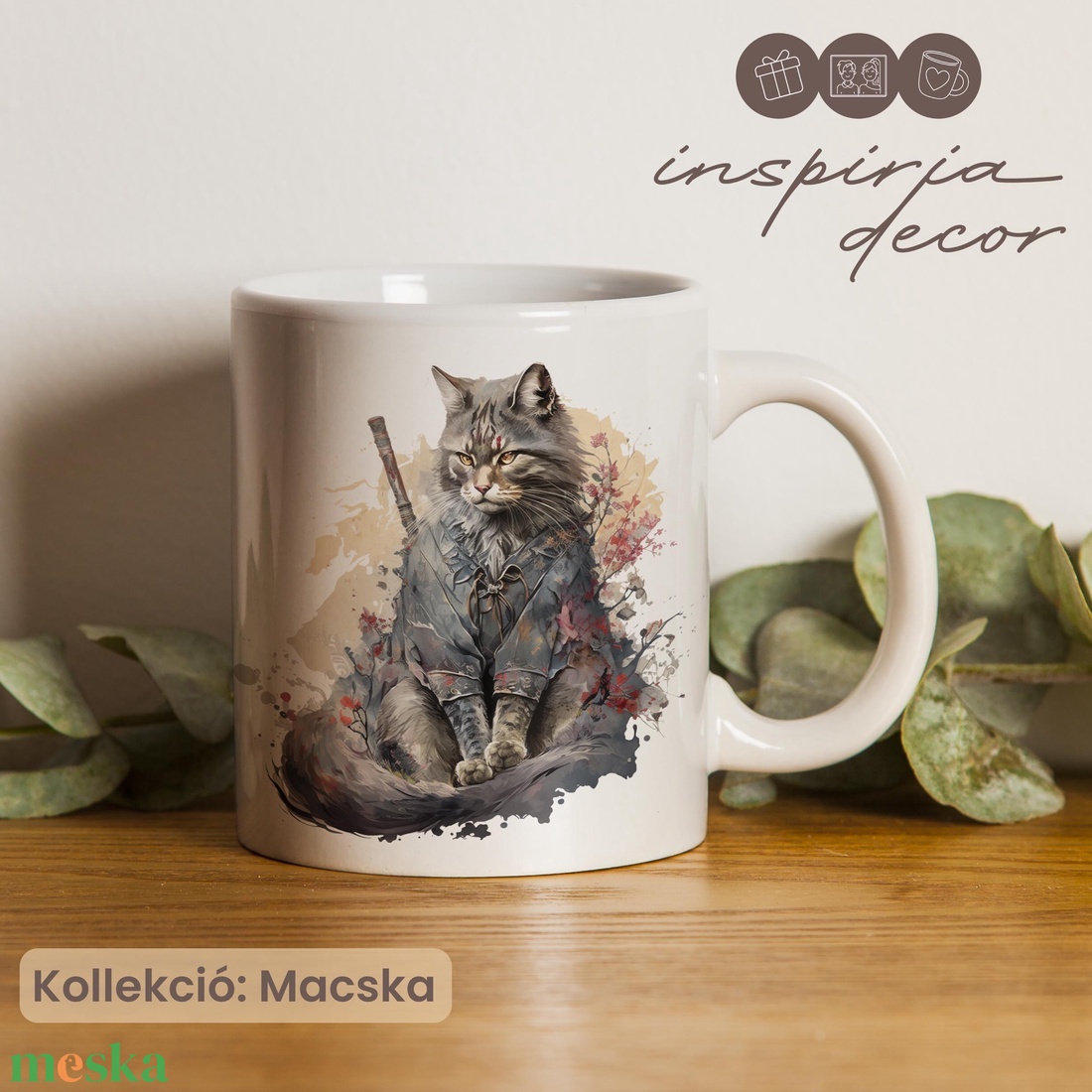 Egyedi szamuráj cicás kerámia bögre - otthon & életmód - konyhafelszerelés, tálalás - tálalás - bögre & csésze - Meska.hu