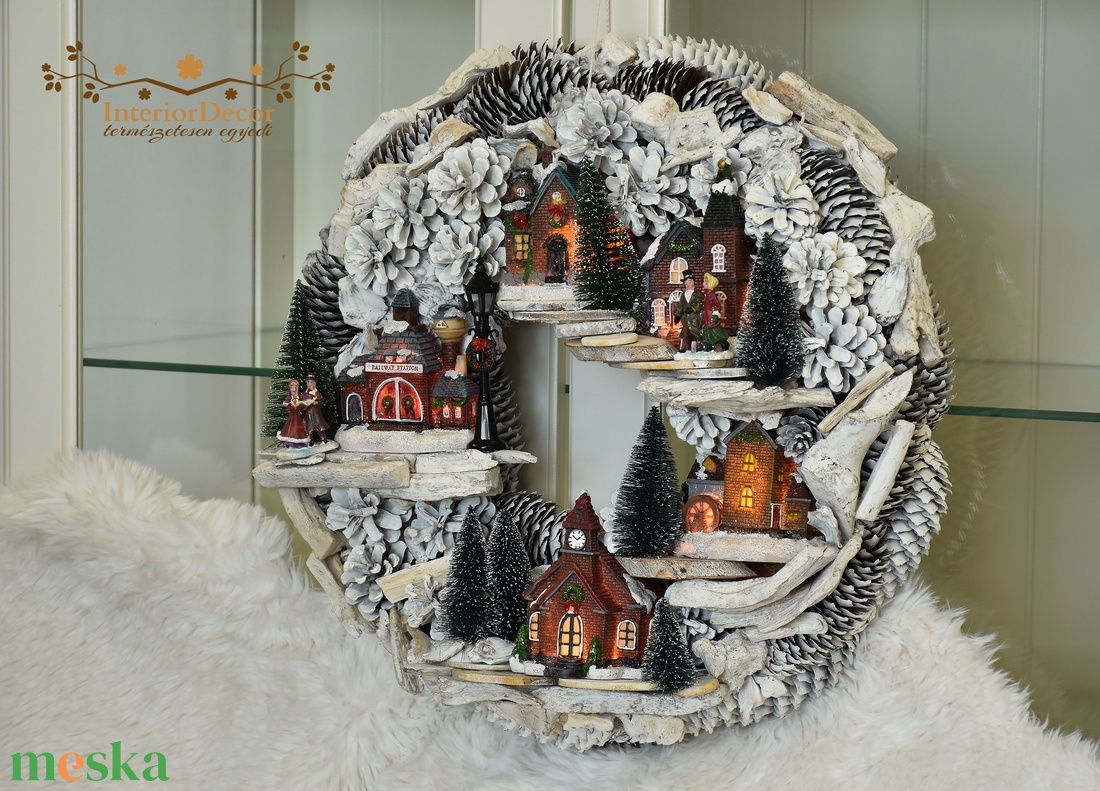 HATALMAS Világító téli város kopogtató - karácsony - adventi díszek - adventi ajtódísz - Meska.hu