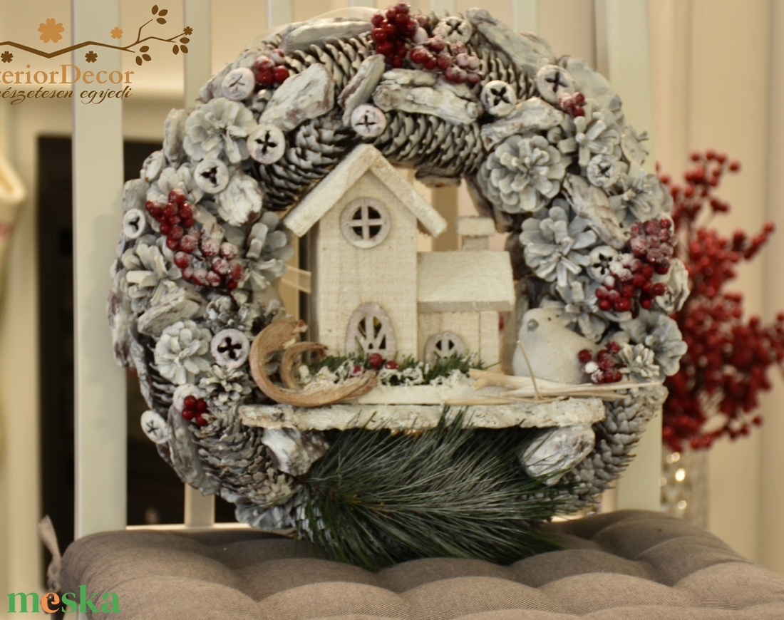Kopogtató világító havas házikóval és madárkával - karácsony - adventi díszek - adventi ajtódísz - Meska.hu