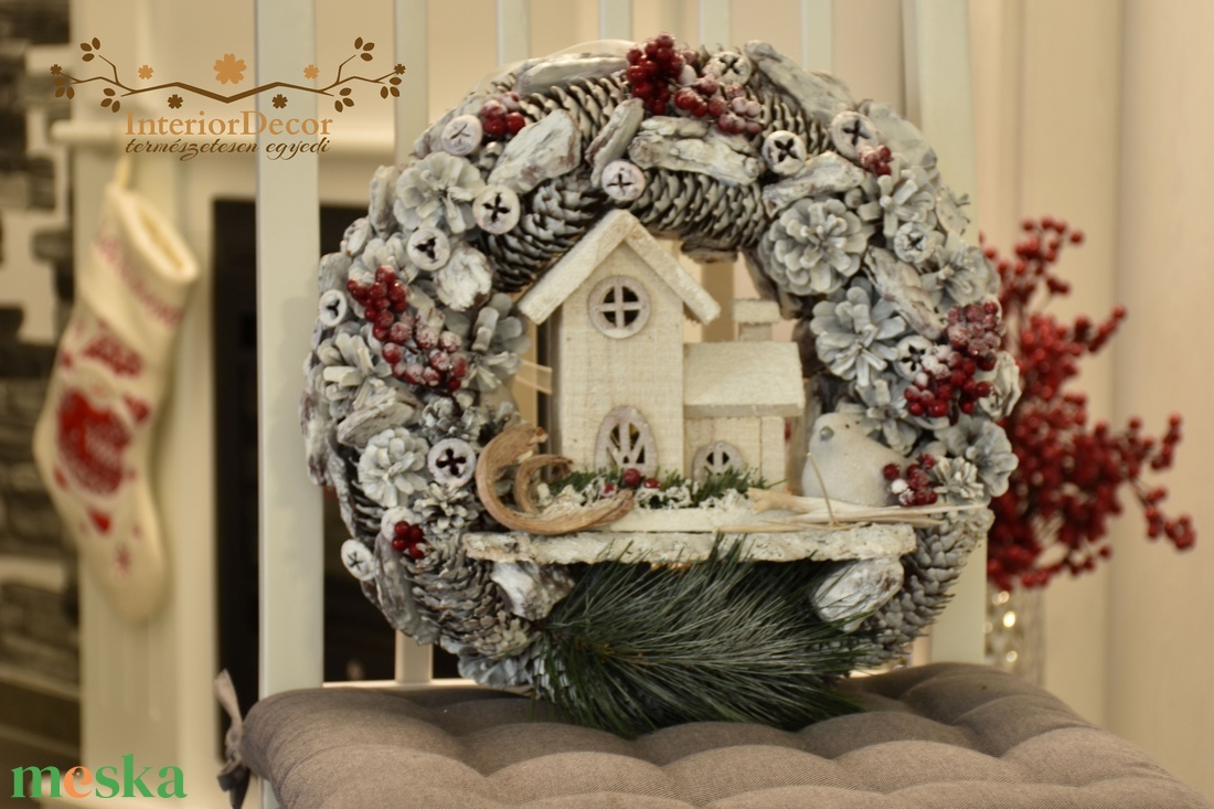 Kopogtató világító havas házikóval és madárkával - karácsony - adventi díszek - adventi ajtódísz - Meska.hu