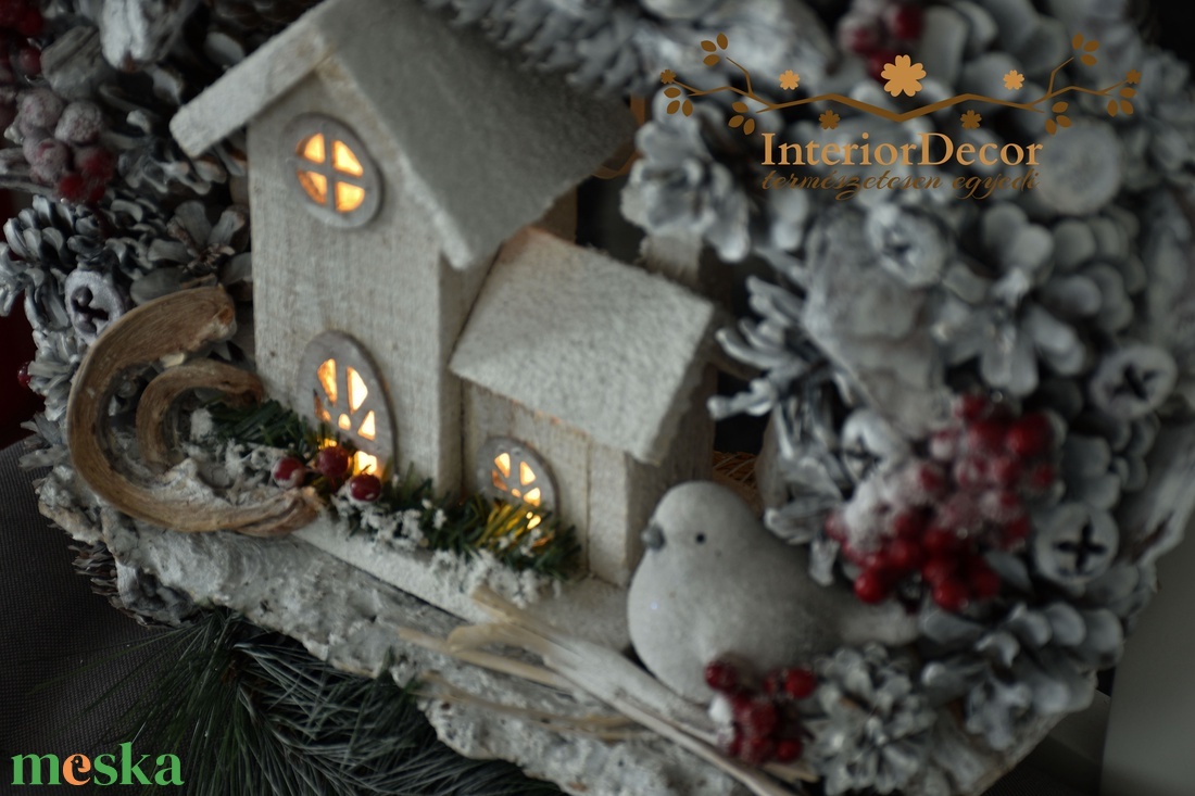 Kopogtató világító havas házikóval és madárkával - karácsony - adventi díszek - adventi ajtódísz - Meska.hu